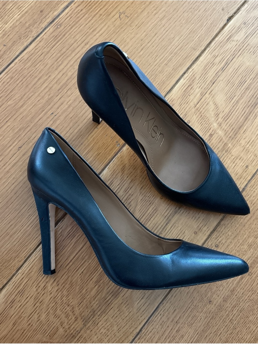 Calvin Klein Black Pointed Leather Stiletto Pumps